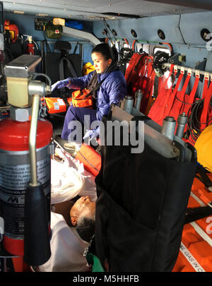 A Coast Guard Air Station Clearwater MH-60 Jawhawk helicopter crew medevacs a 75-year-old female Tuesday, Feb. 13, 2018 suffering from a medical illness aboard the cruise ship Carnival Pride approximately 300 miles east of Jacksonville, Florida. Coast Guard 7th District watchstanders launched the aircrew who hoisted the patient with her nurse and transferred them to local emergency medical services at Holmes Regional Medical Center. (U.S. Coast Guard Stock Photo