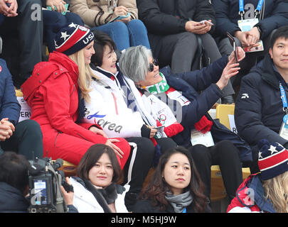 Ivanka Trump, South Korean first lady Kim Jung-sook and South Korean foreign minister Kang Kyung-wha attend the Men's Snowboarding Big Air Final at the Alpensia Ski Jumping Centre during day fifteen of the PyeongChang 2018 Winter Olympic Games in South Korea. Stock Photo