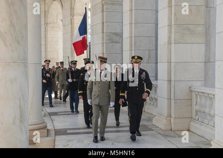 Maj. Gen. John P. Sullivan, assistant deputy chief of staff, G-4 U.S. Army guides Chief of the Defence Staff of the French Army François Lecointre on a tour of the Arlington Memorial Ampitheater Arlington National Cemetery, in Arlington, Virginia, Feb. 12, 2018 (U.S. Army Stock Photo