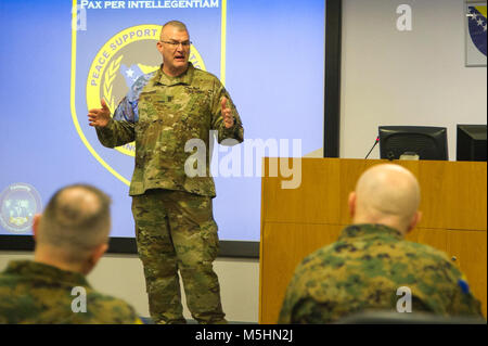 Command Sergeant Major Steven Shepherd, NATO Headquarters Sarajevo’s senior enlisted leader, facilitated a discussion about culture and diversity with Non-Commissioned Officer students at the Peace Support Operations Training Centre, Camp Butmir, Bosnia and Herzegovina,Feb. 12, 2018. The NCOs from multiple nations are attending the two-week Essential Staff Non-Commissioned Officers Skills Course. (U.S. Air Force Stock Photo