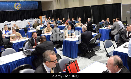 SAN DIEGO (Feb. 7, 2018) – Leaders from the Program Executive Office Command, Control, Communications, Computers and Intelligence (PEO C4I), PEO Space Systems, PEO Enterprise Information Systems (EIS) and PEO Tactical Aircraft Programs facilitate numerous conversations with local, national and international industry leads during the “Meet the Program Managers” event at WEST 2018. WEST 2018 is the premier naval conference and exposition on the West Coast and brings together military and industry leaders in a single locale to encourage discussions with the makers of platforms and the designers o Stock Photo