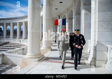 Gen. François Lecointre (left), chief of the defence staff, French Armed Forces; and Maj. Gen. John P. Sullivan (right), assistant deputy chief of staff, G-4; walk through the Memorial Amphitheater at Arlington National Cemetery, Arlington, Virginia, Feb. 12, 2018. Lecointre visited ANC as part of his first official visit, touring the Memorial Amphitheater Display Room and participating in an Armed Forces Full Honors Wreath-Laying Ceremony at the Tomb of the Unknown Soldier. (U.S. Army Stock Photo