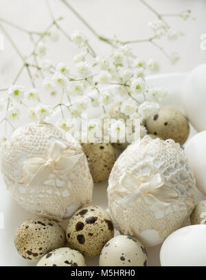 Plate  with decorated  Easter eggs in retro style.  Focus on the  Easter eggs .  Easter eggs decorated by me Stock Photo