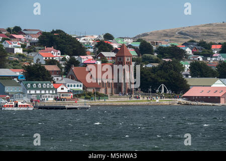 Falkland Islands, East Falkland, Stanley (aka Port Stanley) Port view of Stanley with the Christ Church Cathedral. Stock Photo