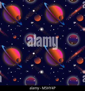 Realistic open space. The milky way, stars and planets. Alien planet background. Gas giant with planets.Vector cosmic illustration. Seamless pattern.  Stock Vector