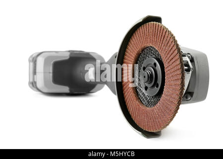 Battery angle grinder isolated on white background. Focus on foreground Stock Photo