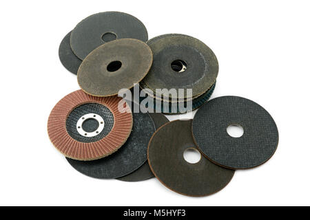 Set cutting discs for angle grinder isolated on white background. Top view. Stock Photo