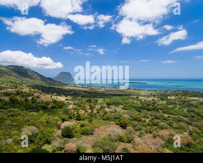 Mauritius, View from Chamarel View Point to West Coast,Island Ile aux Benitiers, Le Morne with Mountain Le Morne Brabant, Aerial view Stock Photo