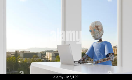 Robot working in office, using laptop Stock Photo