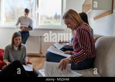Group of students in dormitory learning together Stock Photo