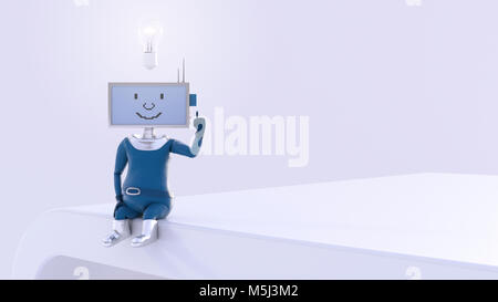 Monitor-headed manikin sitting on desk, thinking with burning light bulb hovering over his head Stock Photo