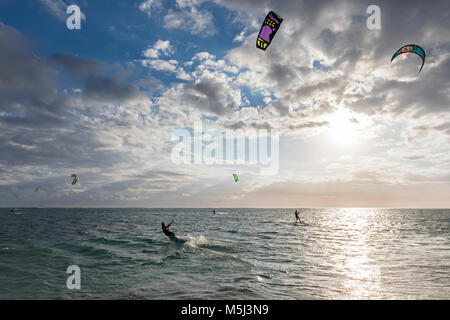 Mauritius, Southwest Coast, Le Morne, kite surfers Stock Photo