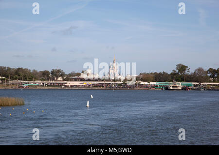 Orlando, Florida- February 7, 2018: water view of the entrance to the Magic Kingdom at Disneyworld with Cinderella's Castle Stock Photo