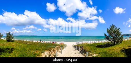 Germany, Mecklenburg-Western Pomerania, Baltic sea seaside resort Binz, Hooded beach chairs on the beach Stock Photo