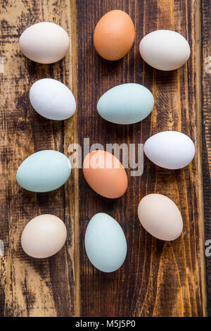 Different eggs, white, brown, light brown and green eggs Stock Photo