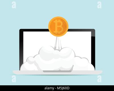 illustration of bitcoins launch from laptop cryptocurrency concept vector background Stock Vector