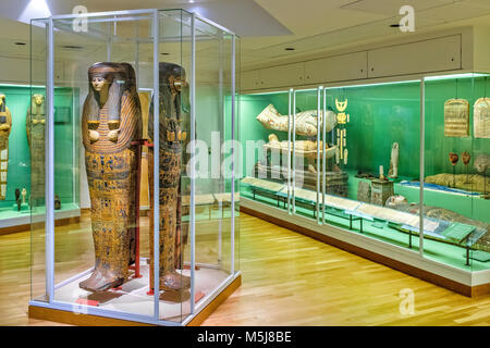Copenhagen, Zealand region / Denmark - 2017/07/26: ancient art museum Glyptotek - exhibition of ancient Egypt specimens - sarcophagus and mummies Stock Photo