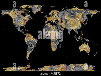 bitcoin and ethereum background world map as concept of  global cryptocurrency on black Stock Photo