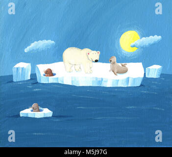 Acrylic illustration of the funny animals of North Pole Stock Photo