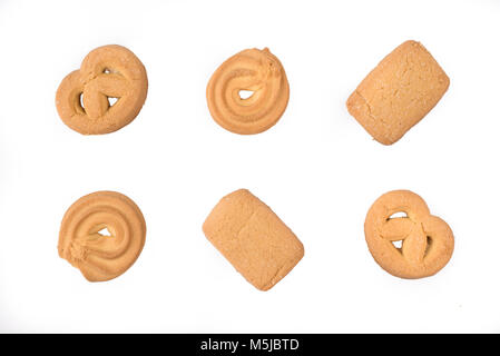 top view assortment of danish butter cookies isolated on a white background. food and snack concept Stock Photo