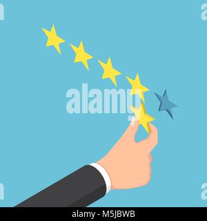Flat 3d isometric businessman hand giving five star rating. Business feedback concept. Stock Vector