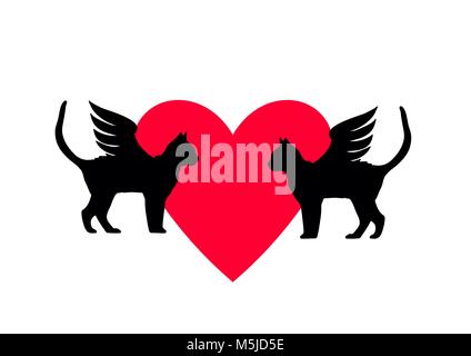 Two cats isolated on heart background. Template for Valentine's day. Stock Vector