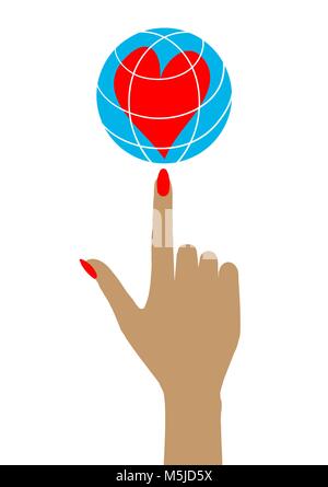 Female hand that holds the world. Vector illustration for the upcoming Valentine's day. Stock Vector