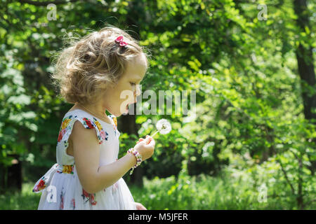Cute little girl blowing on a dandelion. Selective focus. Stock Photo