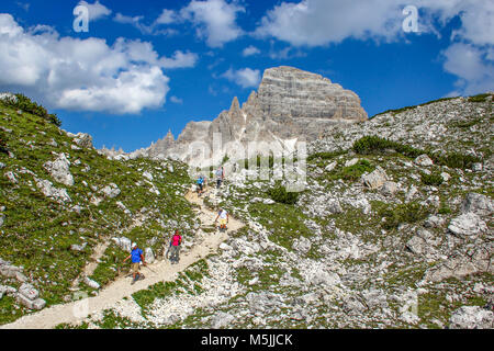 Along the walk Tre Cime di Laveredo trail, three of the most famous peaks of the Dolomites, in the Sesto Dolomites, Italy, Europe Stock Photo