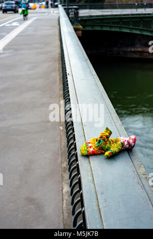 Lost woollen gloves on bridge parapet, Strasbourg, Alsace, France, Europe, Stock Photo
