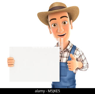 3d farmer holding placard with thumb up, illustration with isolated white background Stock Photo