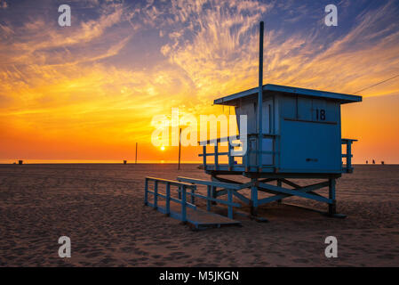 Sunset over Santa Monica beach with lifeguard observation tower Stock Photo