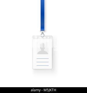 Identification personal plastic id card. Empty template of ID badge design with clasp and lanyard. Vector illustration isolated on white background Stock Vector