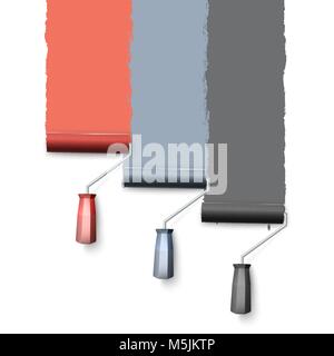 Paint roller brush. Colorful paint texture when painting with a roller. Three rollers paint the wall one by one. Vector illustration isolated on white Stock Vector