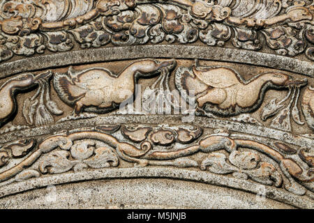 Anuradhapura North Central Province Sri Lanka Abhayagiri Monastery Close Up Of Moonstone Depicting Liyawel and Swans Stock Photo