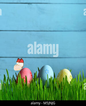 Painted Easter eggs in a green grass on a meadow. Happy Easter. Stock Photo