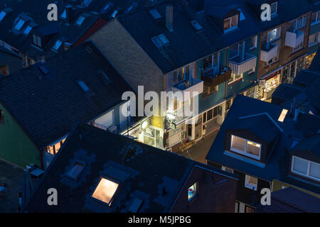 Aerial night view village Helgoland with lluminated main street