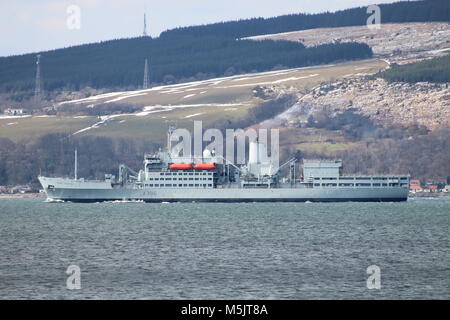 RFA Fort Austin (A386), a Fort Rosalie-class (or Fort-class) fleet replenishment vessel operated by the Royal Fleet Auxiliary, off the Ayrshire coast. Stock Photo