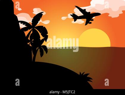 Silhouette scene with airplane flying over ocean at sunset illustration Stock Vector