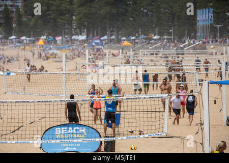 Amateur social Beach volleyball games being played on Manly beach,Sydney,New South Wales,Australia Stock Photo