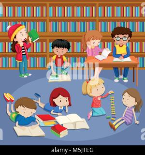 Kids reading books in the library illustration Stock Vector Image & Art ...