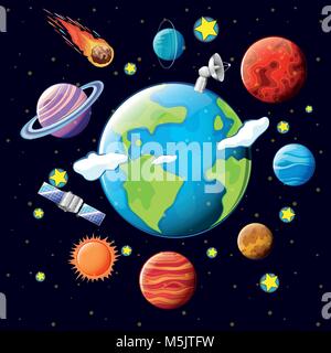 Planets and satellites around the earth illustration Stock Vector