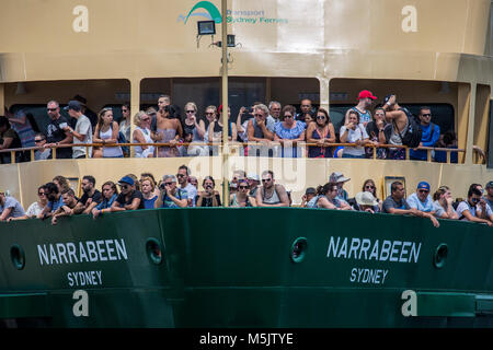 Passengers and tourists on Sydney ferry named Narrabeen as it approaches Manly Wharf,Sydney,Australia Stock Photo