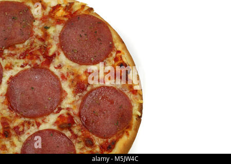 pizza with salami and copy space isolated on white