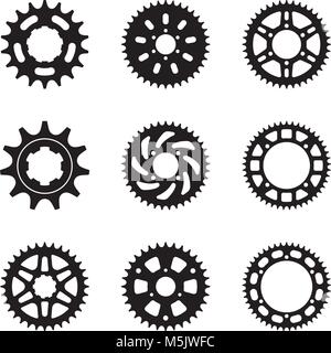 Set of various types of sprocket vector icons. Bicycle and motorbike parts Stock Vector