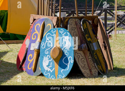 Set of ancient gallic battle shields at a historical reenactment Stock Photo