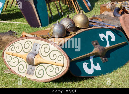 Gallic Emblems Ancient gallic helmets, shield and daggers at a historical reenactment ...