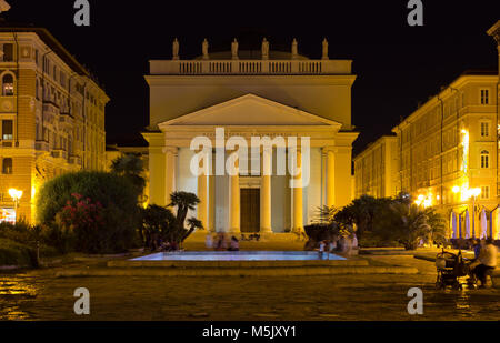 TRIESTE, Italy - August  3, 2017: Night view of Piazza Sant'Antonio Nuovo with the catholic church of Sant'Antionio Taumaturgo in Trieste, Italy Stock Photo