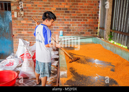 Processing Tây Ninh shrimp salt (muoi tom) of Vietnamese cuisine. Tay Ninh is famous for wholesale shrimp salt in Vietnam Stock Photo