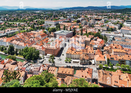 View over the old town of Ljubljana to the Slovenian National and University Library (Narodna in univerzitetna knjiznica). The building was built by J Stock Photo